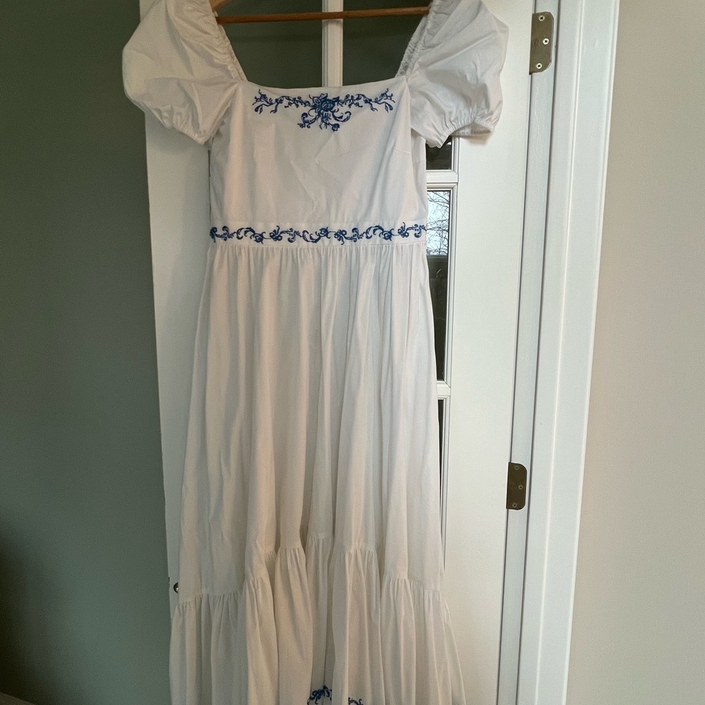 Caroline Constas White Dress with Blue Embroidery
